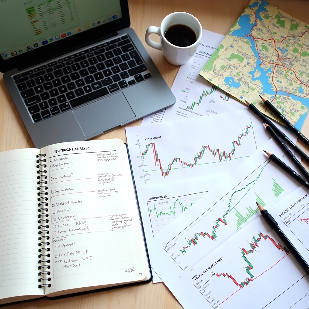 MarketMood Signal editorial workspace with research materials, market data printouts, and analysis tools on desk