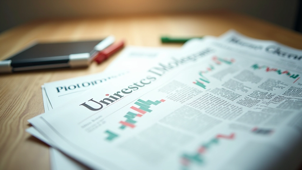 Financial newspaper spread on table with market data and headlines