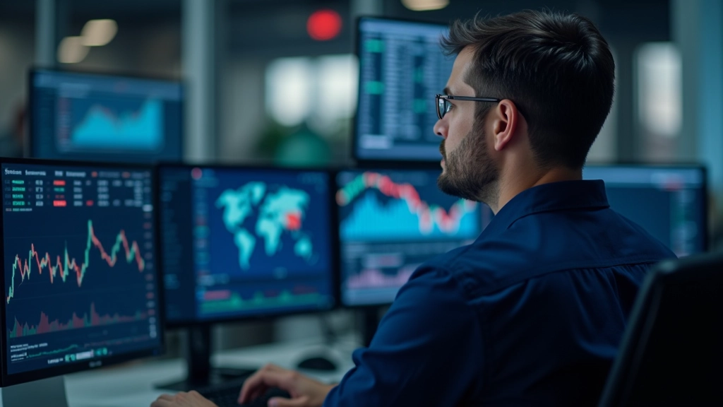 Trader reviewing sentiment analysis dashboard with color-coded market indicators and trend analysis charts