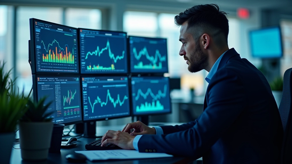 Close-up of trading terminal showing market data, charts, and news feed with focused trader analysis