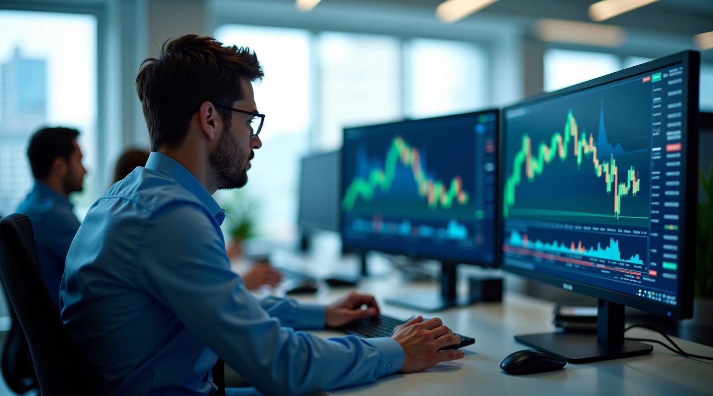 Trader at desk with multiple monitors showing market data and sentiment analysis charts