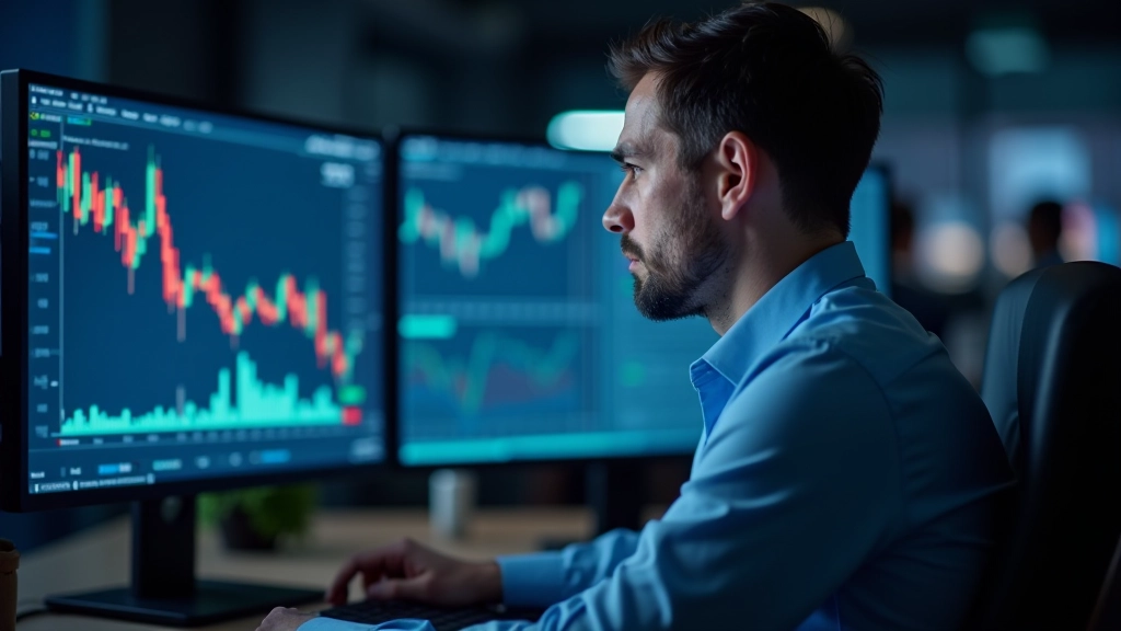 Trader at workstation reviewing multiple screens with trading platform and sentiment data